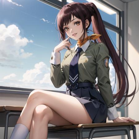 masterpiece, best quality, 1girl,  looking at viewer, <lora:Eriko:1>, erikop1, school uniform, necktie, smile, ponytail, sitting, school, classroom, legs crossed