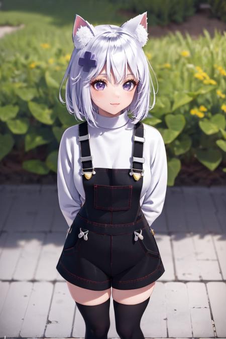 Filian, purple eyes, short hair FilianOverall, purple eyes, short hair, hair ornament, overalls, white sweater, black thighhighs FilianSailor, purple eyes, short hair, hairclip, hair bell, serafuku, red neckerchief, swimsuit under clothes, covered navel, blue skirt, black thighhighs
