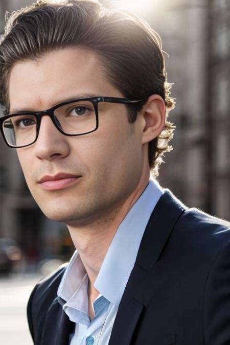 photo of dav person, david corenswet, 30yo, (medium shot), upper body, combed hair, wearing glasses, blue suit, shirt, tie, in the middle of Manhattan, medium shot,male,1guy, blue eyes, masterpiece, 8K, RAW, HD, masterpiece, best quality, 8k uhd, dslr, film grain, Fujifilm XT3 photorealistic <lora:DavidCorenswet-000002:1> sunlight, masterpiece