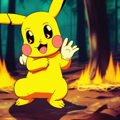 close portrait of (ocds:1.0) as pikachu in a (forest in flames:1.1), anime style, fleischer studios, detailed, 4k,