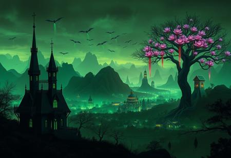 (dark theme, night, dark night) landscape of gothic spooky architectural small buildind in foreground and mystical uncanny monster luring there watching the camera and down in the distance a great valley with lots of monstruous flying creatures and multiples high thin mountains formations with small elongated castles on it, green glowing ambience, forest of giants prehistoric Lepidodendron trees glowing like neons spreading colorfull droplets tears from the top of the tree all over the sky, realistic (gamma 0,6)