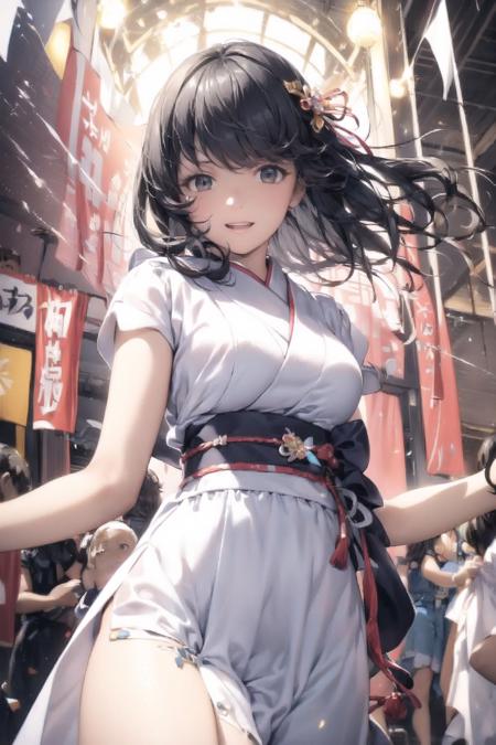 vibrant colors, female, masterpiece, sharp focus, 
best quality, depth of field, cinematic lighting, ((solo, one man )), 
(illustration, 8k CG, extremely detailed), masterpiece, 
ultra-detailed, in a burst of energy and radiance, 
a cute girl with her vibrant presence. 
The detailed illustration captures japanese festival, 
exuding both grace and enthusiasm,
dressed in beautifull and sexy dress, 
she moves with precision and elegance. 
The backdrop echoes the energy of a spirited crowd on japanese festival,  
Her captivating presence shines through,  
the illustration paints a dazzling portrait of a beautiful girl in motion,  
creating a movie scene, 
cute female, black gradient with brown hair, long hair, grey eye, more different color costume, Sara