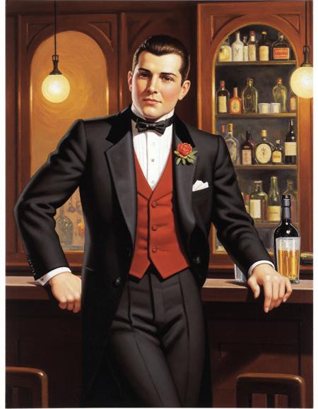 an illustration of a man wearing a suit standing at a bar in the style of enoch-bolles