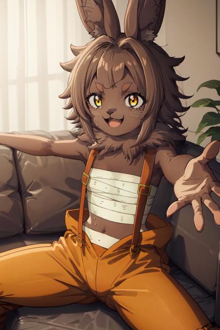 Bilac, 1girl, furry, rabbit girl, animal nose, rabbit ears, brown fur, body fur, short hair, yellow eyes, brown hair orange pants, puffy pants, bandages, suspenders