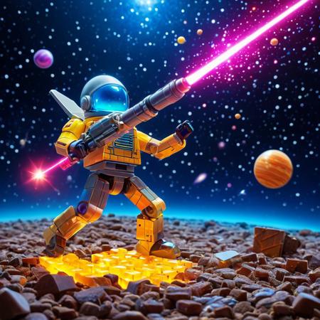 novuschroma53 style, A vibrant intergalactic battle in a toy-like cosmos, where plastic planets click together like building blocks and neon stars glow against a swirling cosmic backdrop. Candy-colored starships, assembled from modular toy parts, weave through asteroid belts of wobbling rubbery rocks, dodging playful yet menacing alien invaders made of translucent bricks. On a shifting tile-like planet, a heroic plastic astronaut wields a glowing energy sword, standing atop a towering construct of intergalactic pieces. Laser beams streak in exaggerated bursts of color, ricocheting off glossy surfaces, as the entire scene pulses with the thrilling energy of a cosmic toy set brought to life.