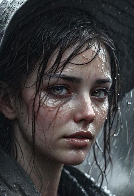 close-up photo of a woman, she's wet from the rain, desaturated, elegant, highly detailed, digital painting, artstation, concept art, smooth, sharp focus, illustration,
