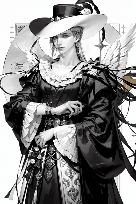 MONOCHROME, 
solo, long hair, looking at viewer, long sleeves, 1boy, hat, white background, holding, jewelry, closed mouth, monochrome, weapon, flower, greyscale, male focus, earrings, wings, holding weapon, wavy hair, cross, feathers, frilled sleeves, feathered wings, angel wings, angel, hat flower, over shoulder, hat feather, weapon over shoulder,
 <lora:pilyeon-04:1>