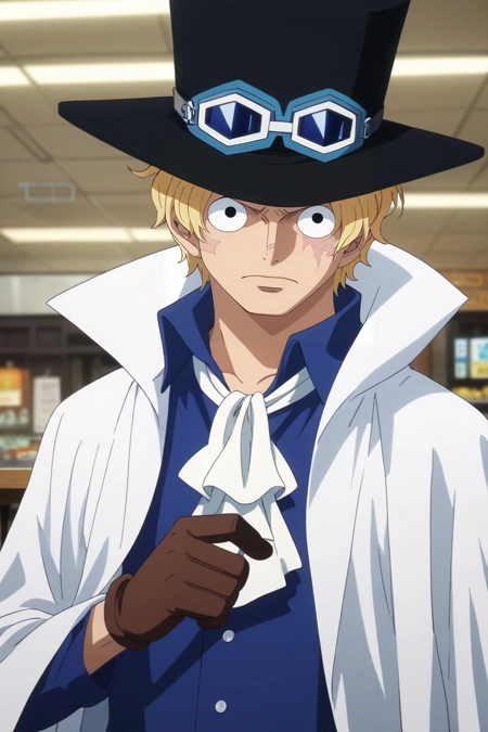 sabo_one_piece, blonde hair, black eyes, short hair, scar across eye bandaid on face goggles on headwear, top hat brown gloves, black headwear, white ascot, coat, blue shirt