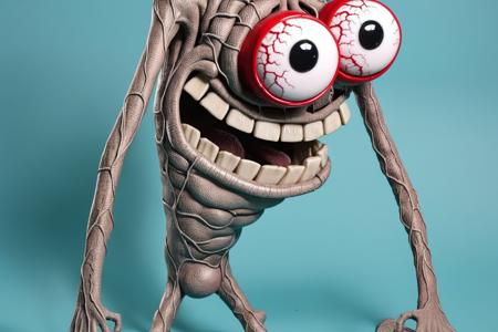 Full body focal point Whimsical during in basilwolverton style, grotesque, spaghetti hair, bulging eyes, skin folds, veins, large teeth, bloodshot eyes 1man looking over at camera <lora:BasilWolvertonComboStyleXL_v1.1:0.8>