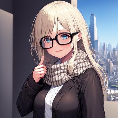 man, solo
Asymmetrical balance
glasses, outdoors, black-framed eyewear, building, sky, city, v, day, looking at viewer, scarf, coat, smile, real world location, cityscape, double v, white shirt, shirt, upper body, long sleeves
blonde hair, 
<lora:lambda:1>