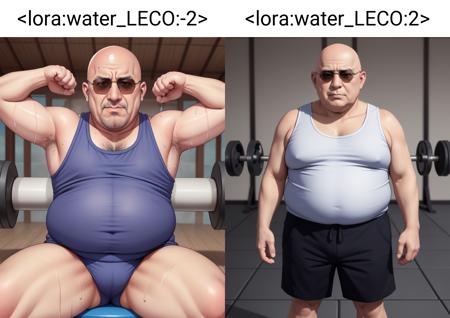 mature bald sunglasses fat man, (tanned:1.1), sweat, gym, <lora:water_LECO:-2>, Tank top