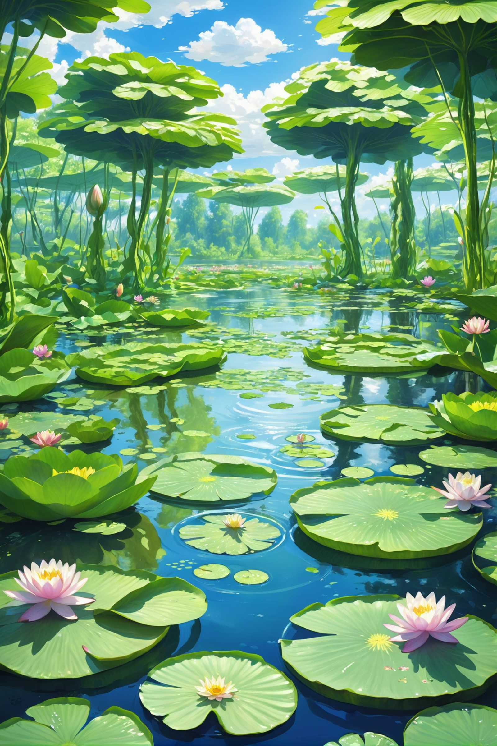 A vibrant green lily pond with water lilies and a forest in the background.