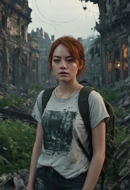 (emma stone), charming teenage girl,  freckles, short old T-shirt, military style clothes, backpack, shorts, torn clothes, traces of soot on the face, evening cityscape in ruins, with overgrown vegetation and covering the buildings. cinematic style, with intricate patterns and ornate details, 8k, digital art, artstation, cinematic lighting, bright, professional 3d model of analog film photography, faded film, oversaturated, 35mm photo, grainy, vignette, vintage, codachrome, lomography, spotted, highly detailed, found footage. octane rendering, highly detailed, three-dimensional, dramatic lighting, mystical atmospheric photo
