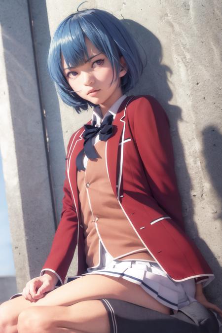 masterpiece, best quality, highres, 1girl ibuki mio short hair blue hair, white skirt red jacket open jacket <lora:ibuki_mio:1> sitting, wariza, hand between legs, realistic