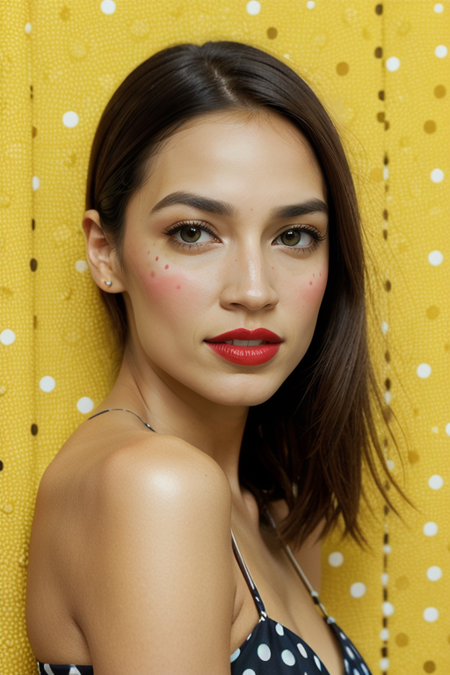 RepAOC, razored combover bob haircut, ((red lipstick)), ((slim, fit, lanky, coltish:1.3)), yellow polka dot cashmere sweater, luxury, looking at viewer, Hasselblad H6D, 80mm portrait, natural lighting, oiled skin, perfect eye blush, slightly open mouth, long eye lashes, <lora:epiCRealismHelper:0.2>, <lora:hairdetailer:0.3>, ((yellow polka dot backdrop:1.3)), detailed skin texture, (blush:0.5), (goosebumps:0.5), subsurface scattering, RAW candid cinema, 16mm, color graded portra 400 film, remarkable color, ultra realistic, textured skin, remarkable detailed pupils, realistic dull skin noise, visible skin detail, skin fuzz, dry skin, shot with cinematic camera