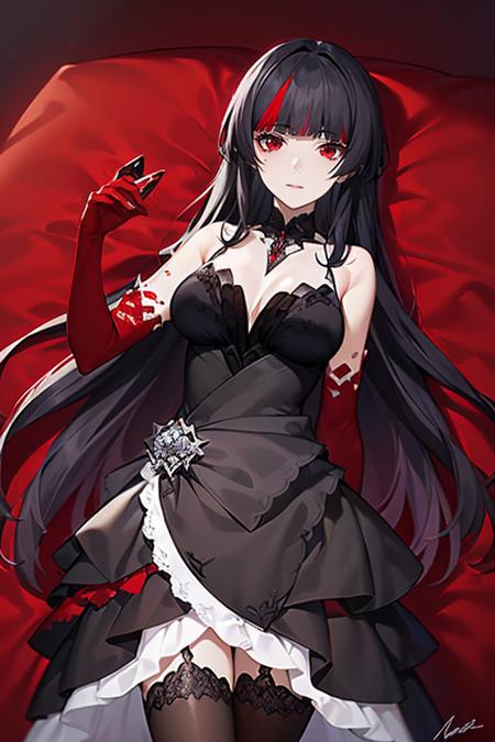 1girl,long hair,(on back:1.5),solo,red eyes,black hair,multicolored hair,gloves,red hair,(thighhighs:1.3),elbow gloves,red gloves,full body,very long hair,bug,looking at viewer,black thighhighs,butterfly,bangs,streaked hair,two-tone hair,strapless_dress,(long_skirt:1.3),