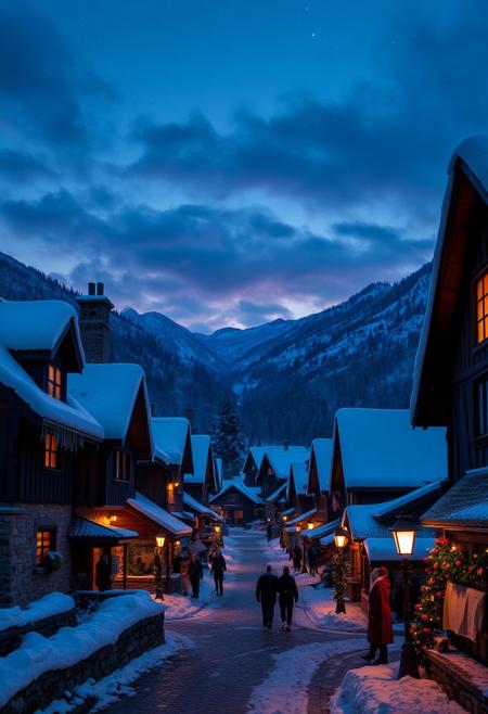 A quaint, snow-covered village nestled in the mountains at twilight. Smoke curls up from chimneys, and warm lights glow in the windows of cozy cottages with steep, snow-covered roofs. Icicles hang from the eaves, and snowflakes drift gently through the air. A few villagers wrapped in scarves and coats walk along the cobblestone streets, and festive decorations line the lamp posts. The sky is a mix of deep blue and purple, with the first stars beginning to twinkle. The entire scene radiates warmth and tranquility despite the chilly setting.
