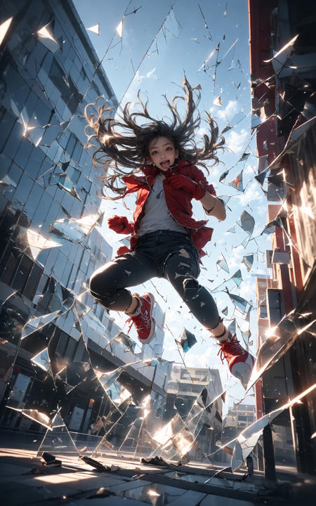 jumpingmidair, (1girl, solo:1.2), open mouth, outdoors, building, (broken glass:1.5), shoes, (red gloves:1.3),
Glow, reflective glass, light pollution
<lora:~Q?-gV jumping:0.8>