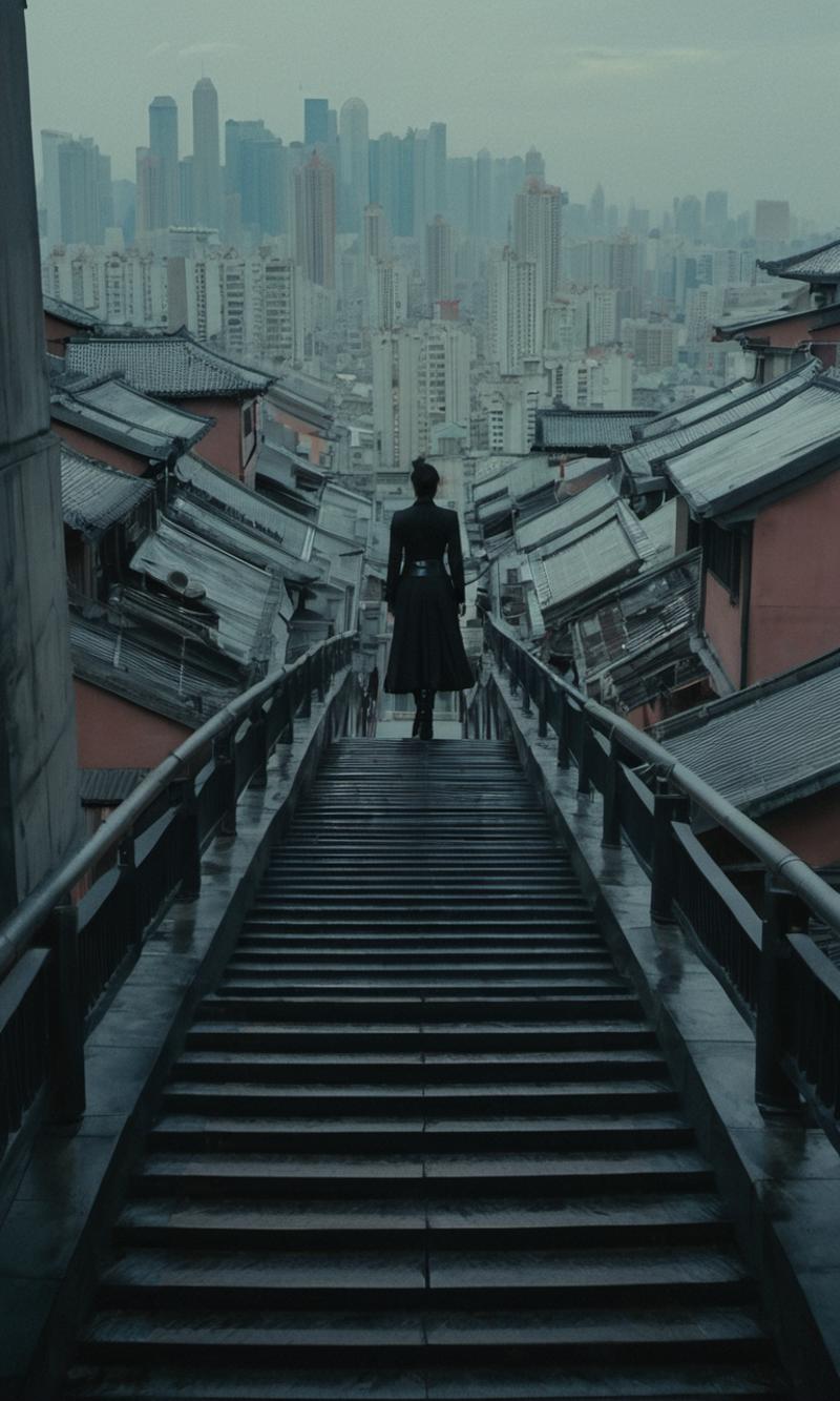 Woman in a black dress standing on stairs in a city.