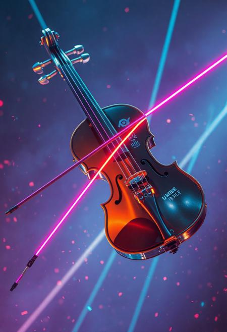 Masterpiece, High resolution, 32K, ultra-detailed, cinematic cyberpunk lighting A futuristic violin constructed from silver metalic alloys and pulsing quantum circuits, suspended in an antigravity field, playing itself with neon laser strings, surrounded by vaporwave particle effects, digital rebellion energy
