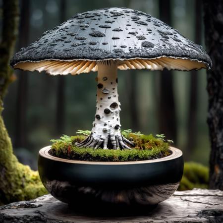 mysterious translucent transparent glass mushroom mixed with birch tree in slimy black bonsai pot, intricate and hyperdetailed raw photography by  Lee Jeffries, Joe Fenton, Andree Wallin, Killian eng, Sung Choi, album cover art, amazing depth, perfect ratio, hdr, perfect balanced styles, magical, intense back light, stunning soft smoke, impressive masterwork by head of prompt engineering