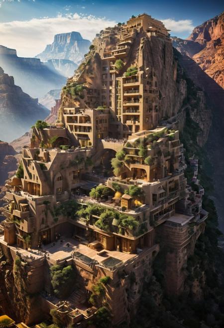 (The colonial city of the future, in the mist-filled Grand Canyon, on an unknown Earth-like planet, 2 moon on sky, Spaceship flight connects colonies, waterfulls:1.3), (Machu Picchu, a mountain settlement, incredibly spectacular:1.2), (Mario Botta:1.3), (avant-garde, future, reality, science fiction, photorealistic), (modern architecture:1.2), 
(Large Files, Ultra Realistic, 8K, 16k, FHD, HD, VFX, Perfect, Photography, composition, Architecture Sales Photography, Architecture Competition, Ultra High Resolution, Cinematography, High Resolution Image:1.1), (dramatic lighting, direct sunlight, ray tracing, clear shadow:1.2),  (real landscape:1.1), (blurred background:1.0), (urban background, more_details) ,
ac_neg1, great lighting, clear, hillscastel, extrusionbuilding, vertical