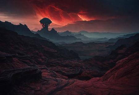 Red Rocky landscape, with deep canyons, black twisting vines, sci-fi aesthetics, film photography style, a moody picture of Gas Giant alien landscape composed primarily of hydrogen and helium, with no solid surface and a thick atmosphere (with a tall red mountain with a demonic face carved into the side in the background:1.2), cloudy weather, at dawn, dim lit, foggy, muted colors, hazy, vintage, analog style, Busy crowded city strret, City<lora:SDXL_FILM_PHOTOGRAPHY_STYLE_Alphav0.2:1>