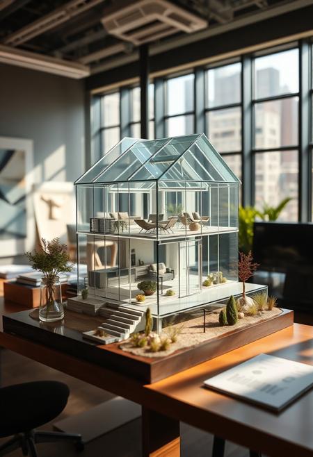 isometric diorama of a house built entirely of transparent glass, wide pulled back view, diorama is in an office setting, on a desk, large windows, warm daylight
