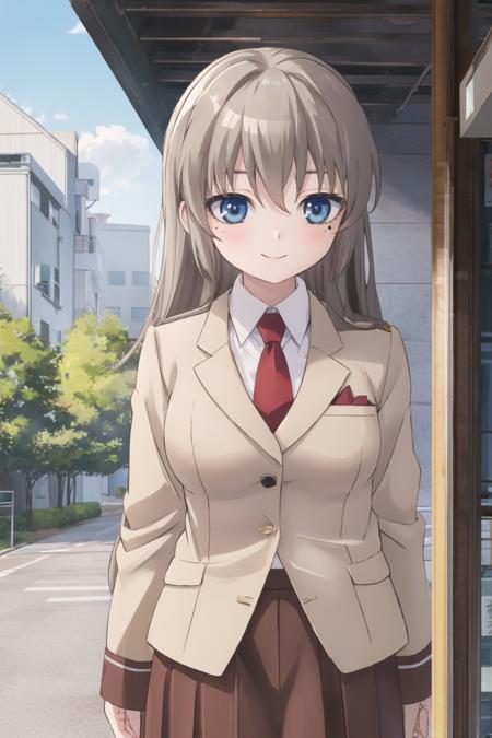 <lora:OotoriiAsuka-10:0.6>, ootorii asuka, smile, mole under eye, school uniform, red necktie, blazer, long sleeves, brown skirt, white shirt, collared shirt, outdoors