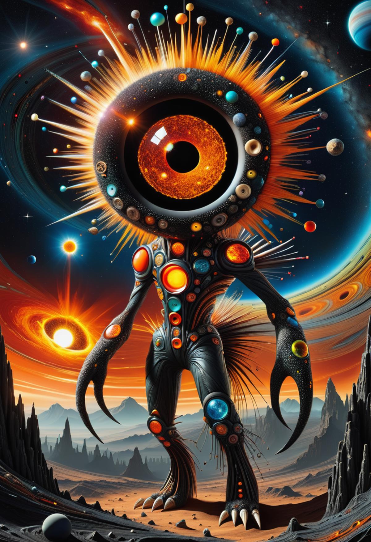 Robotic Alien with a Giant Eye and Numerous Decorations in Space