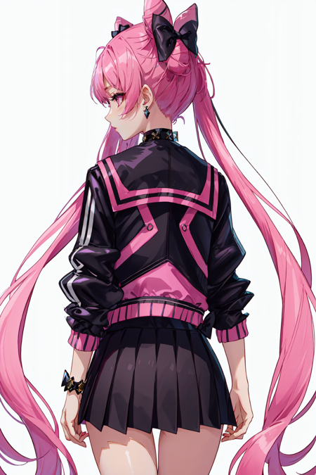 Dark_Lady, 1girl, solo, long hair, skirt, bow, twintails, jewelry, very long hair, jacket, pink hair, hair bow, earrings, choker, black skirt, hair bun, from behind, double bun, black bow, facing away, pink jacket, cone hair bun, <lora:BlackLady:0.8>