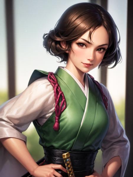 1girl, solo, japanese clothes, short hair, weapon, sword, brown eyes, looking at viewer, kimono, brown hair, lips, hand on hip, sheath, smile, katana, black hair, upper body, closed mouth, sheathed, hand up  <lora:nobu-1:1>