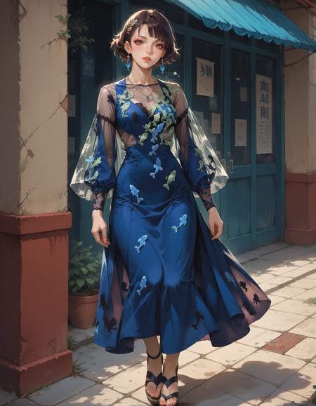 embroidery, (fish:0.6) print dress, see-through, see-through sleeves embroidery, (fish:0.6) print dress, shirt, blue shirt, (Wool clothing:0.9)