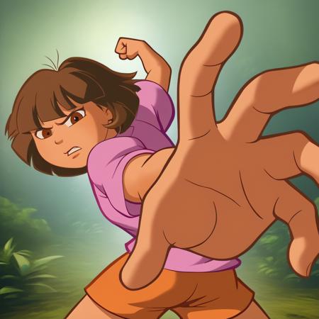 1girl, solo, Dora, short hair, brown hair, brown eyes, tan, pink shirt,  orange shorts,