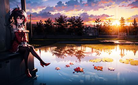 1girl, scenery, smile, sunset, cloudy, red dress, red high heels, sitting, black hair, ponytail, reflection, black pantyhose, castle, facing viewer, close-up, anirl, best quality, ultra high res,