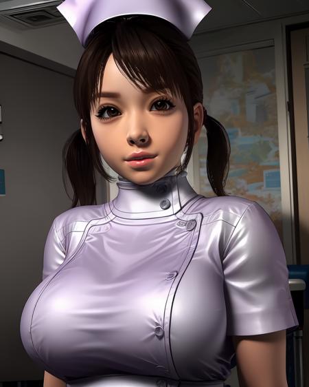 Ai,brown eyes,brown hair,twintails,bangs,
nurse cap,nurse,
standing,
hospital room,
(insanely detailed, beautiful detailed face, masterpiece, best quality),solo,<lora:AiKoyanagi:0.8>,