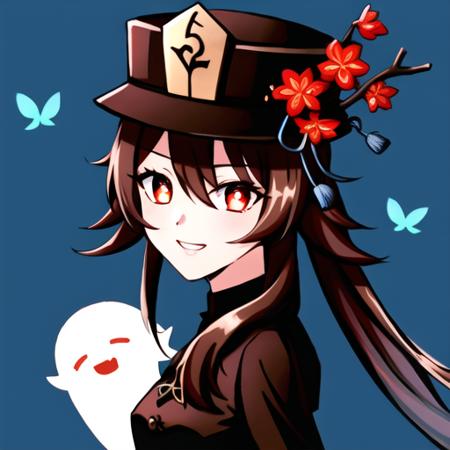 4k,8k,masterpicec, highres, high quality, ultra-detailed, 1girl, black_haire, hat, bangs, brown dress, long hair, blue background, ghost, blue butterfly