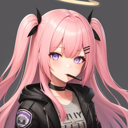 Ambrie pink hair, purple eyes bangs, bhair ornament, hairclip, halo,long hairone side up