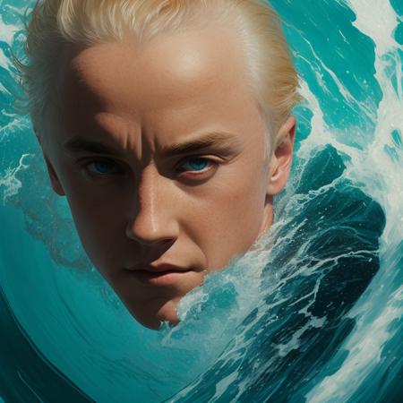 draco malfoy is surfing, extreme view, face focus (full body), crazy eyes, wetsuit, hang 10, surfer on a wave, fish eye view, face focus, balance, viewed inside the wave curl, shoulders, arms outstretched, surfboard, topless, <lora:Draco Malfoy v1.0:.71>