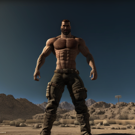 video game screenshot, 3d picture of gigachad, posing for the camera, high res, high quality, film grain, fallout new vegas