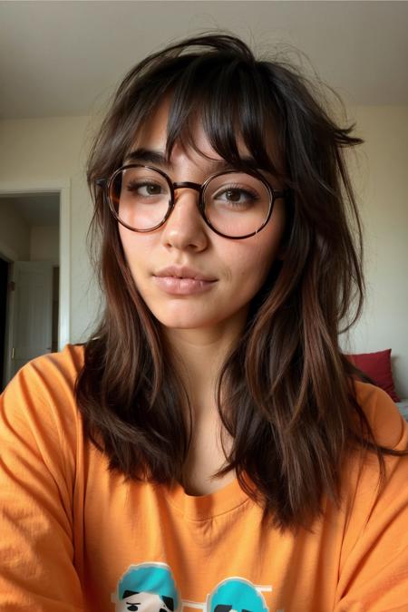instagram photo, closeup face photo, killjoy, messy hair, round glasses, orange tshirt, pajama pants, bedroom, (tired:1.4), looking at viewer, <lora:killjoy-nvwls-v1:1>, perfect eyes, perfect face, perfect skin