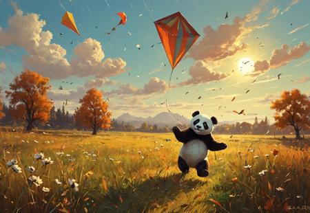 Autumn late afternoon, indian summer, flower meadow with a medium large wood, an antropomorphic panda running over meadow to let a kite fly, kite in air, single small clouds by by RHADS and Alena Aenami 