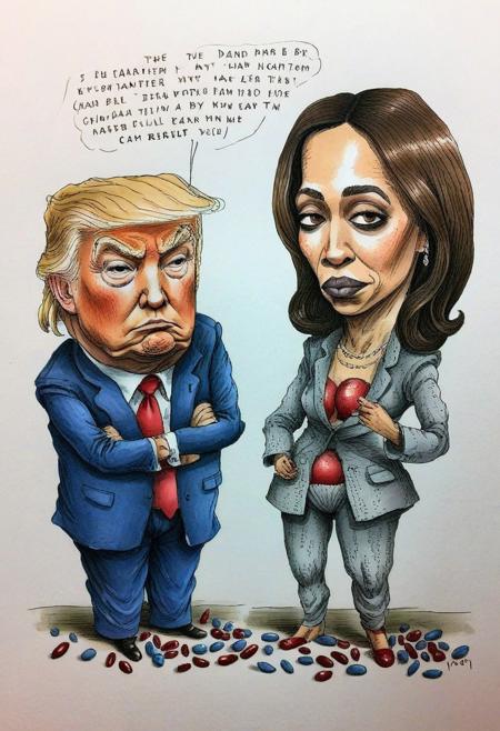 (hand drawn:1.5) (rough:1.5) ink and color (sketch:1.5) of Donald Trump and Kamala Harris counting and dividing red and blue beans, caricature in cuneo style, (full character:1.4),   (irregular lines:1.5), candid pose, extremely detailed, (surreal:1.5), paper texture background