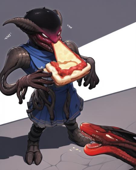 <lora:NaviGaviStyle:1>navigavistyle,
a xenomorph in a school uniform eating a sandwich