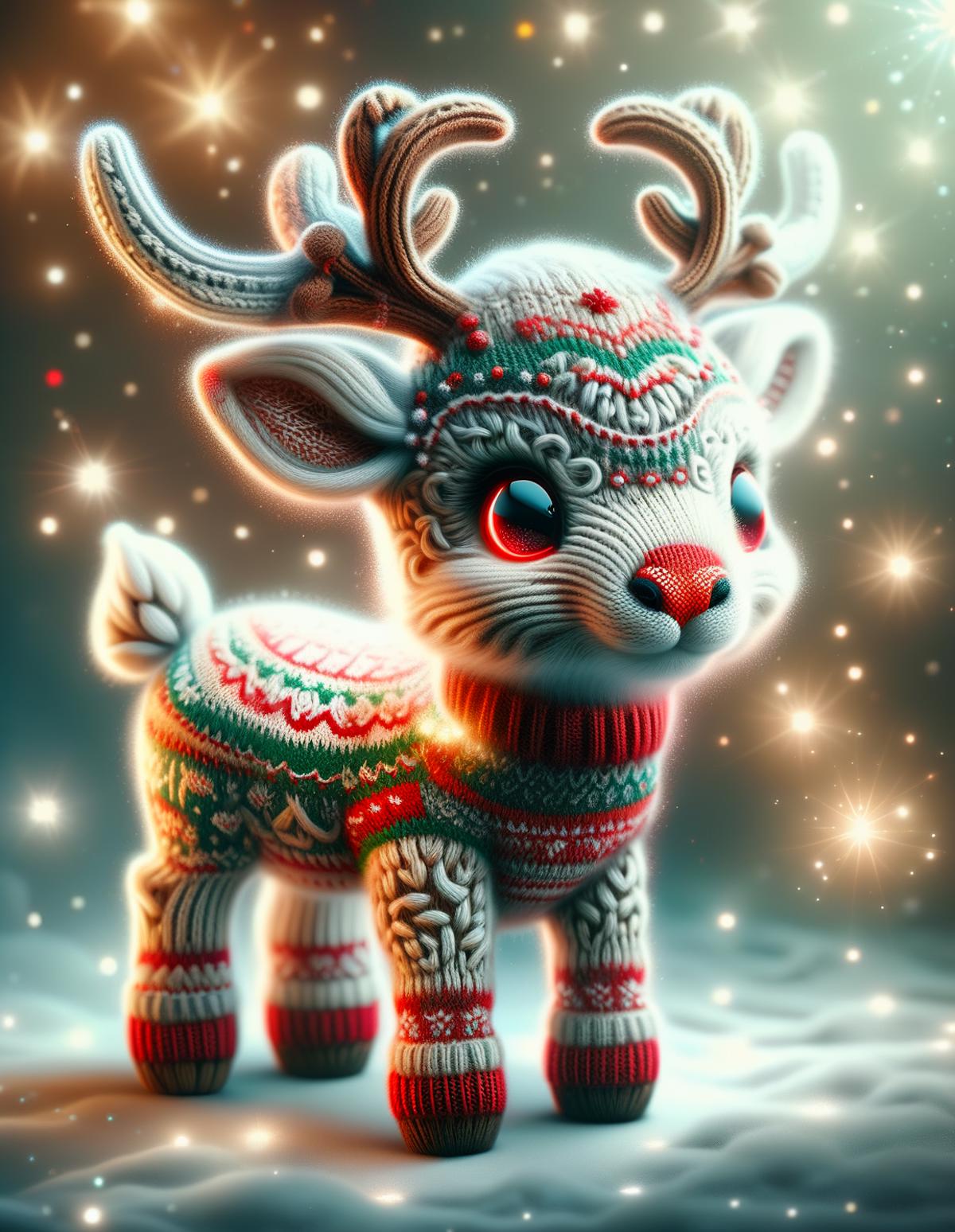 A 3D animated reindeer with red and white antlers, standing on a snowy surface.
