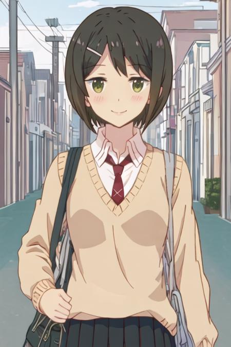 best quality, masterpiece, highres, solo, {kaede_ikeno_sakuratrick:1.15}, short_hair, hair_ornament, hairclip, blush, black_hair, brown_hair, green_eyes, necktie, 1girl, school_uniform, smile, looking_at_viewer, sweater