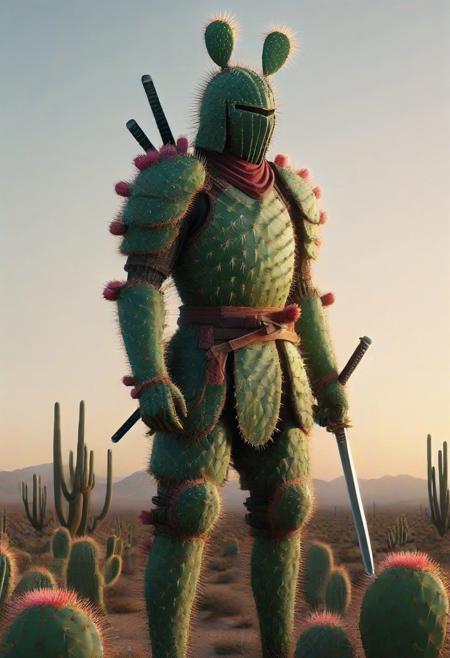 Prickly Pear Style, A lone samurai standing in the desert, wearing an armor set made of interwoven cactus spines, a thorn-covered katana glowing under the sunset, wind blowing through a field of neon succulents, ancient desert pagoda in the background, cinematic warrior aesthetic