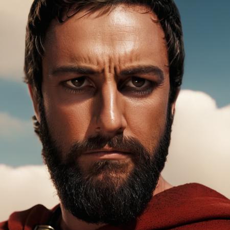 cinematic film still of  <lora:perfection style:0.9>  wrinkles:1  <lora:spartan style v2:1>
In 480 B.C. King Leonidas a sad man with a beard and a red cape,solo,black hair,1boy,brown eyes,male focus,sky,cloud,facial hair,looking up,portrait,beard,realistic,mustache , realistic, realism, photorealism, hyperrealism, hyperrealistic, realistic, sharp, detailed, cinematography style, film light style, movie still,  professional photography, artistic, perfection, contrast, cinematic, filmic, high quality photo,  8k quality, colorful, photography style, different people, war, warrior, armor, spartan style, shallow depth of field, vignette, highly detailed, high budget, bokeh, cinemascope, moody, epic, gorgeous, film grain, grainy