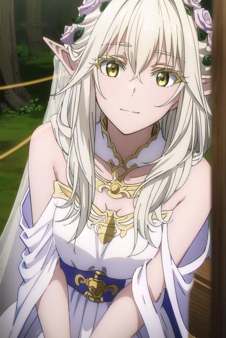 forestprincess, <lora:forest princess s2-lora-nochekaiser:1>,
forest princess, long hair, hair ornament, hair between eyes, (yellow eyes:1.3), white hair, flowers, pointy ears, hair flower, rose, hair intakes, elf, smile,
BREAK dress, collarbone, white dress,
BREAK outdoors, trees, forest, sky, grass, clouds,
BREAK looking at viewer, (cowboy shot:1.5),
BREAK <lyco:GoodHands-beta2:1>, (masterpiece:1.2), best quality, high resolution, unity 8k wallpaper, (illustration:0.8), (beautiful detailed eyes:1.6), extremely detailed face, perfect lighting, extremely detailed CG, (perfect hands, perfect anatomy),