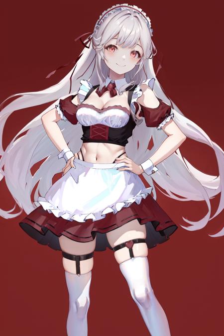 masterpiece, best quality, highres, 1girl hair ribbon, maid headdress detached collar white apron clothing cutout midriff white thighhighs red skirt wrist cuffs highleg thigh strap garter straps <lora:hanazawa_nako:1> standing, hand on hip, simple background, smile